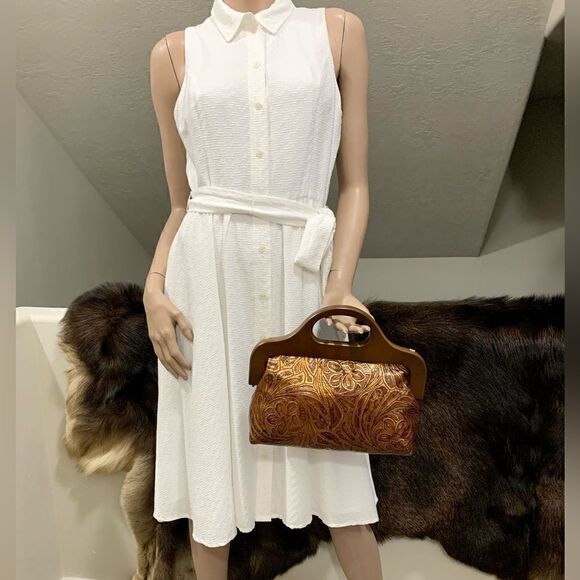 Vintage Style Handmade Genuine Embossed Leather Wooden Frame Bag/Crossbody - Picture 2 of 16